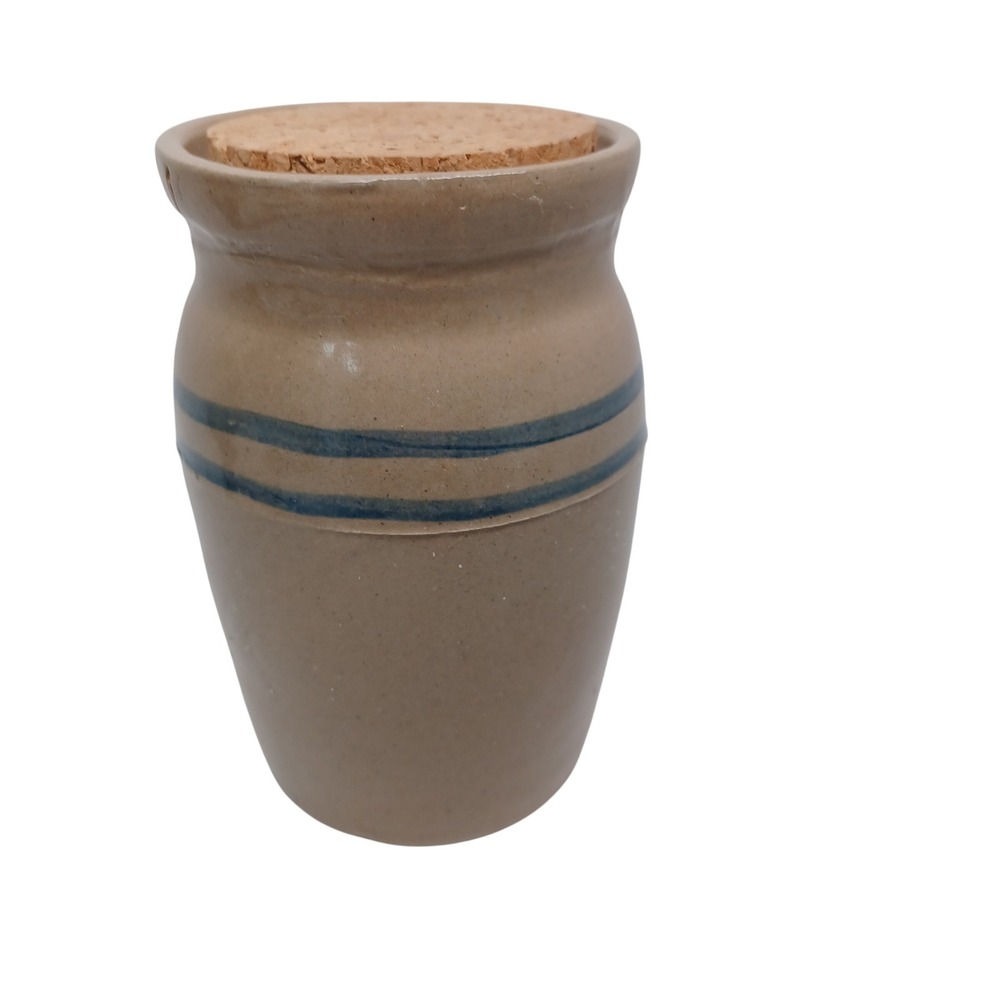 Vintage Stoneware Crock Jar Tan Cobalt Blue Double Band with Cork Lid Primitive